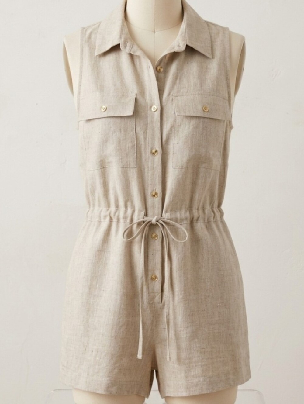 Anthro Sage The Label Beige 100% Linen Sleeveless Utility Romper Medium NWOT